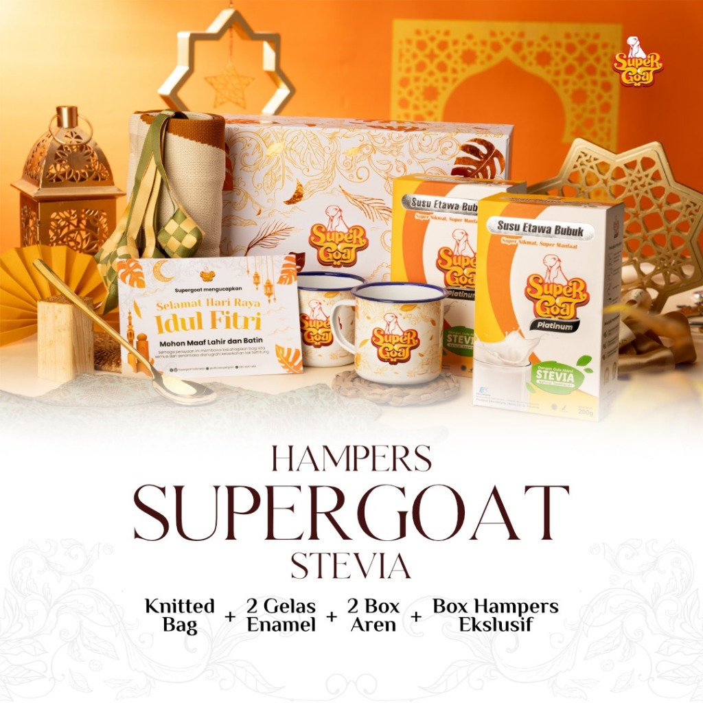 

Supergoat Hampers Lebaran Susu Etawa Stevia 2 Box Mug Enamel Gold Spoon Mini Bag Gift Box Eksklusif