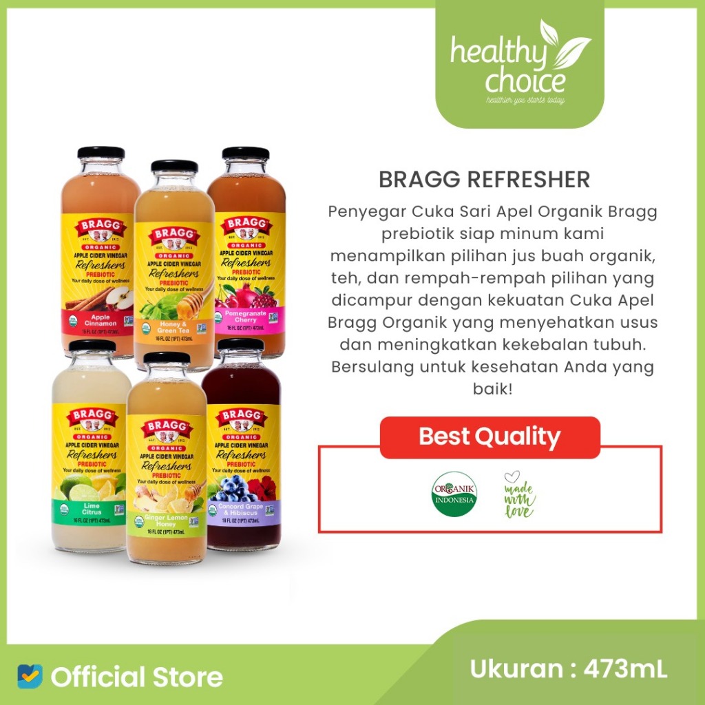 

BRAGG Organic Refreshers ACV ( Jahe Lemon Madu, Apple Cinnamon, Concord Grape & Hibiscus ) Apple Cider Vinegar Cuka Apel