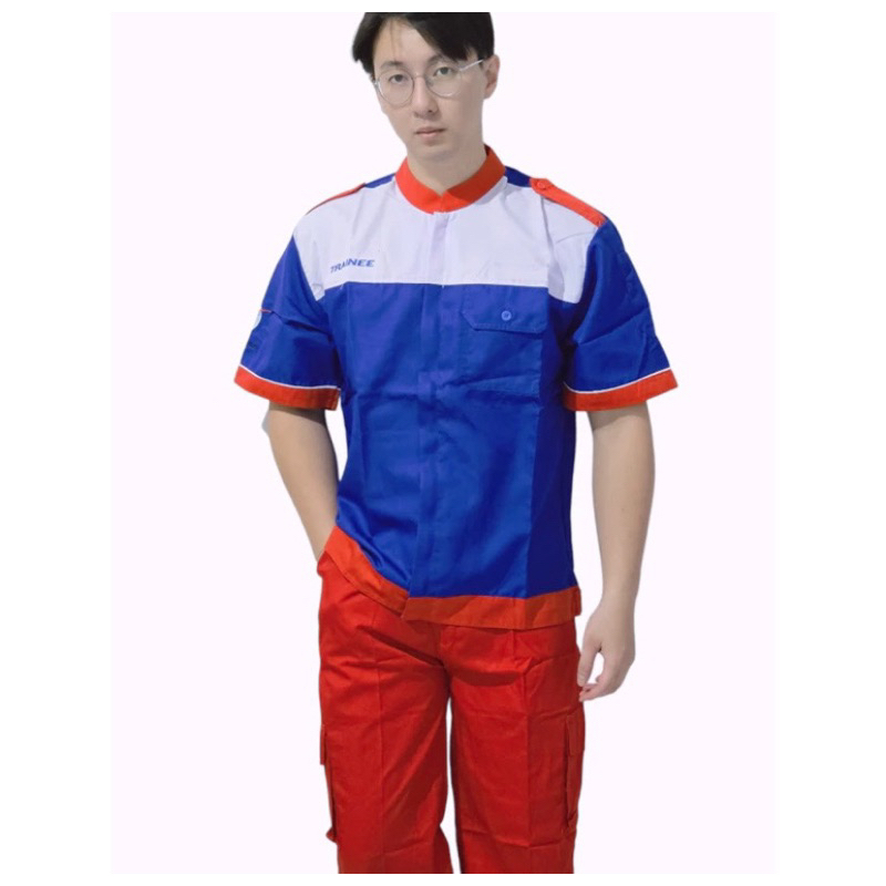 wearpack bengkel lengan pendek shop and drive biru trainee