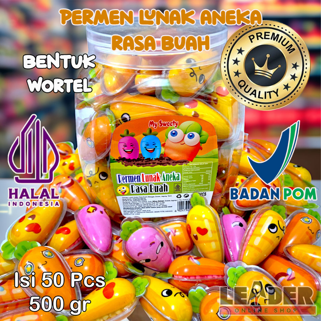 

HALAL BPOM PERMEN LUNAK BUMI PREMIUM JELLY MAKANAN JAJANAN RINGAN ANEKA RASA BUAH BENTUK WORTEL JAGUNG ULAT BULAT ISI 50 Pcs