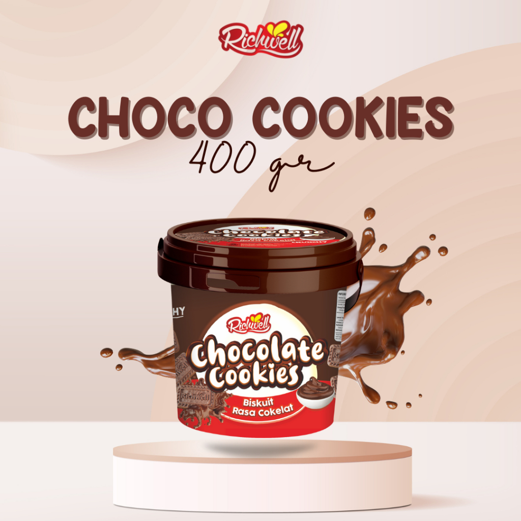 

Richwell Chocolate Cookies 400g Cemilan Snack Biskuit Rasa Coklat, Kelapa, Susu, kemasan Timba