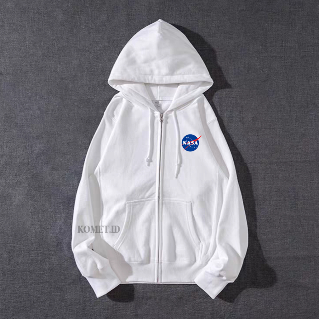 Hoodie Zipper Putih Sweater Nasa Pria Fleece Tebal 280gsm Vintage