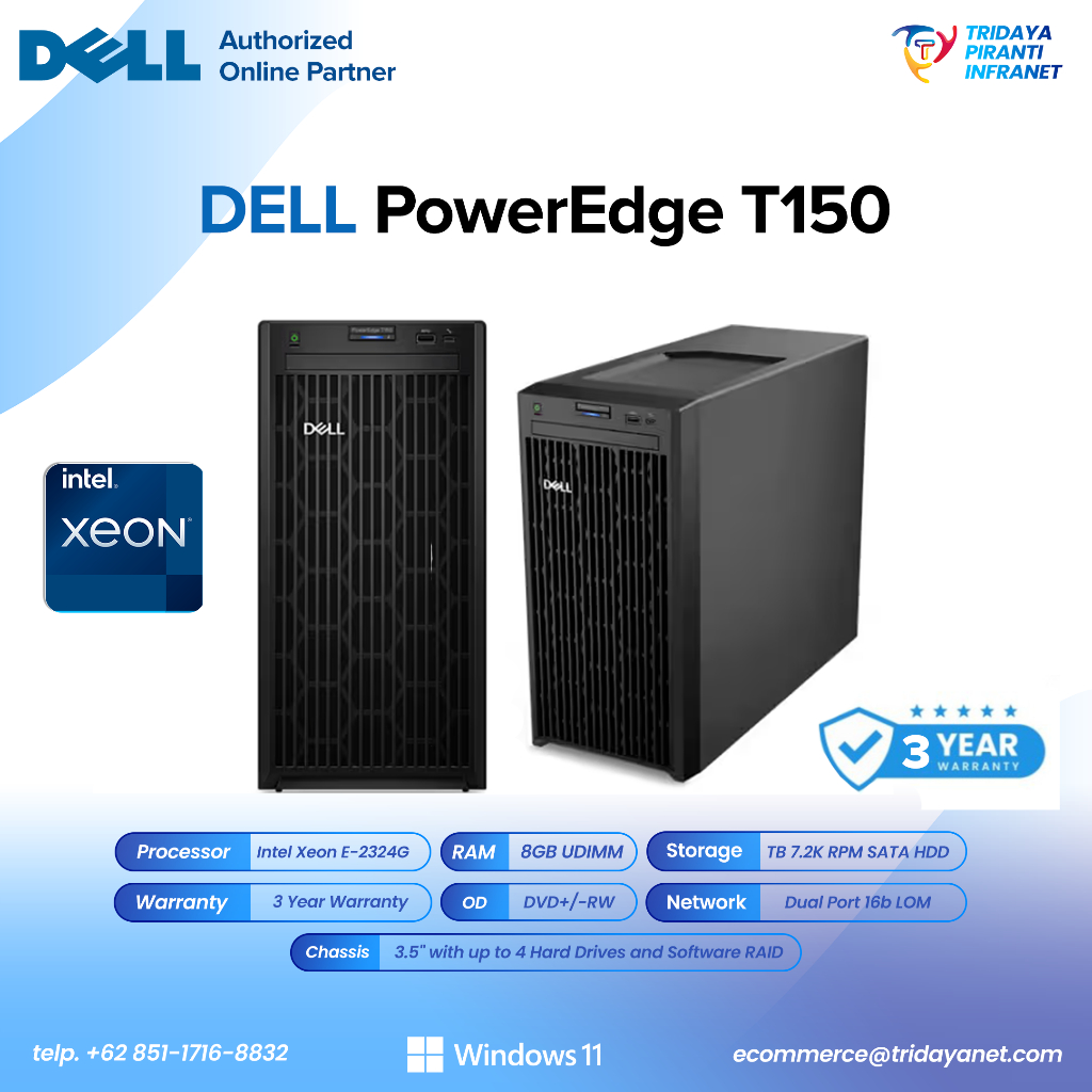 DELL PowerEdge T150 Server Xeon E-2324G 8GB 1TB DVDRW