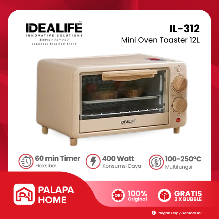 Idealife Mini Oven Toaster 12L Low Watt 400W | Pemanggang Listrik Kue Roti Kapasitas Kecil IL-312