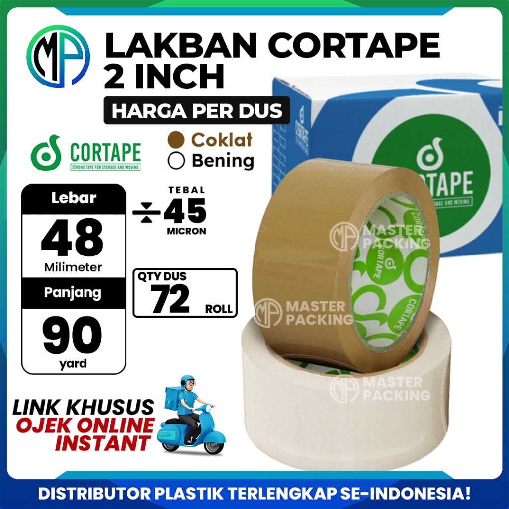 

Lakban / OPP Tape Cortape Grosir 2inch 48mm x 90yard Bening dan Coklat HARGA PER-DUS (VIA GOJEK)