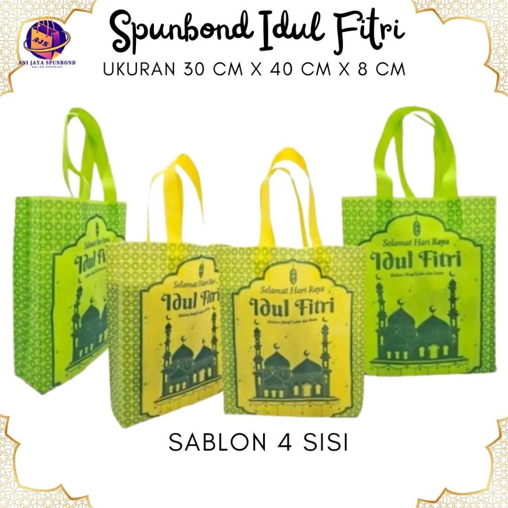 

GOODIE BAG IDUL FITRI UKURAN 30X40 SABLON 4 SISI PER 1 LUSIN - TAS SPUNBOND LEBARAN