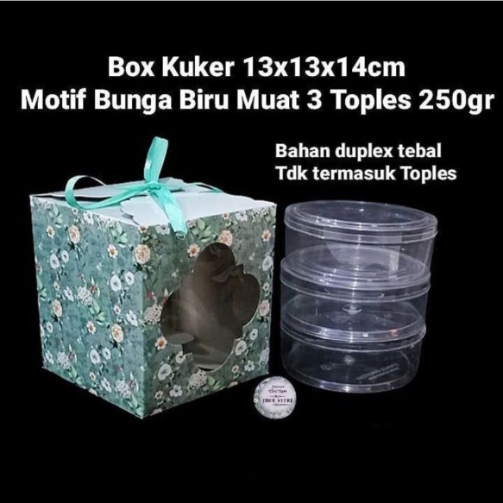 

Box Cantik Bunga Biru Motif Lebaran Muat 3 Toples Ukuran Dus 13x13x14cm