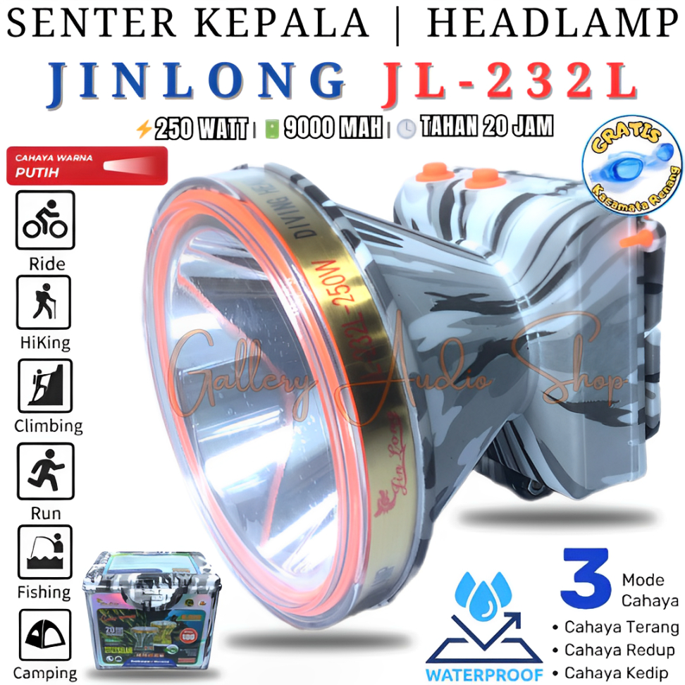 Senter Kepala Selam JINLONG JL-232L 250 Watt | Headlamp Diving Cahaya Putih Super Terang Body Loreng