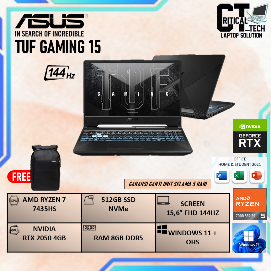 ASUS TUF A15 FA506NFR RYZEN 7 7435HS RTX2050 4GB/ 8GB 512GB W11+OHS+O365 15.6FHD 144HZ RGB BLK -R725