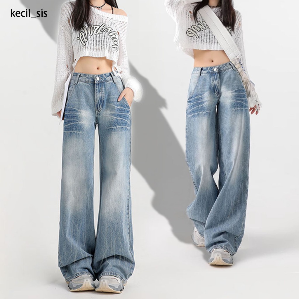 Tekstur Petir Celana Straight Jeans Wanita Celana Jeans Panjang Wanita Celana Jeans High waist Celan