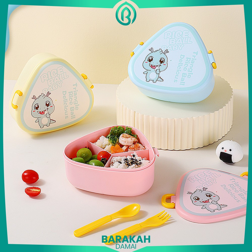 Lunch Box Kotak Bekal Onigiri Anak 3 Sekat Motif Dino 800ML dengan Sendok Garpu BPA FREE / Bento Box