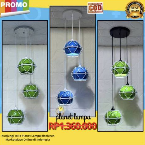 Lampu Gantung Hias Estetik Prisma Putih Isi Bulat Hijau dan Biru Gantung 3 Plafon Bulat