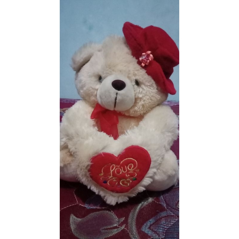 Boneka Teddy Bear Love Kecil Warna Krem Merah