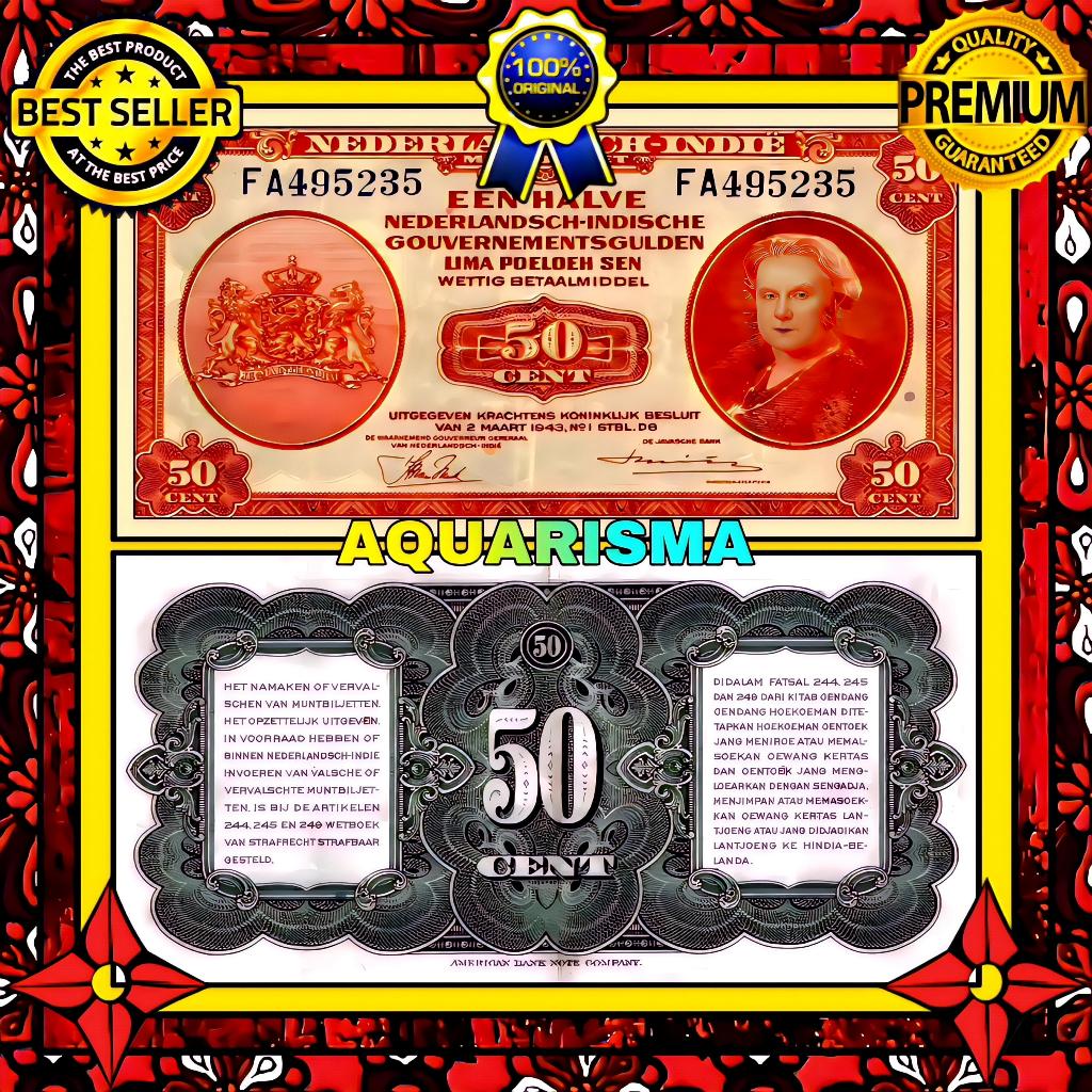 KOLEKSI NUMISMATIK - SOUVENIR UANG KUNO 50 GULDEN HINDIA BELANDA WILHELMINA 1943