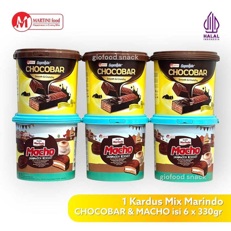 

Marindo 1 Karton Mix isi 6 CHOCOBAR & Macho Wafer Salut Marie Krim Coklat Stroberi