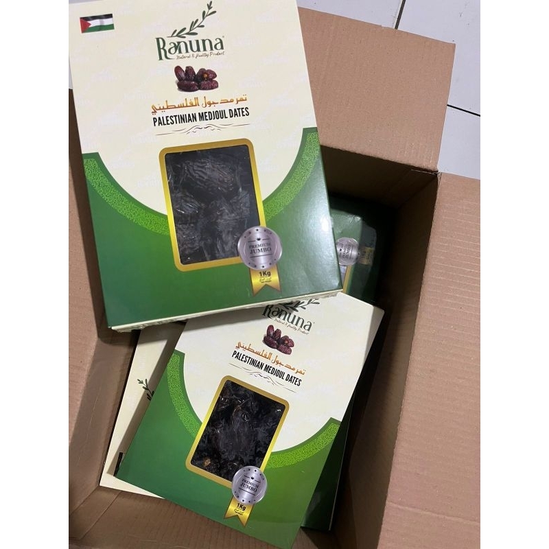 

Kurma medjoul palestin ranuna kemasan asli 1kg, Kurma medjoul premium ranuna jumbo 1kg