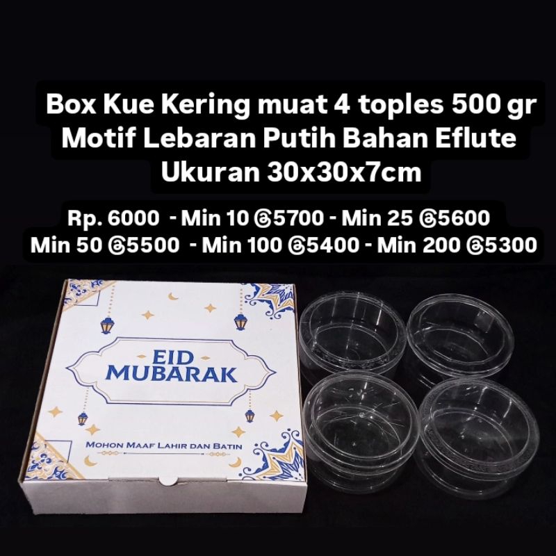 

Box Kue Kering muat 4 toples 500 gram Motif Lebaran Putih Bahan Eflute Ukuran 30x30x7cm