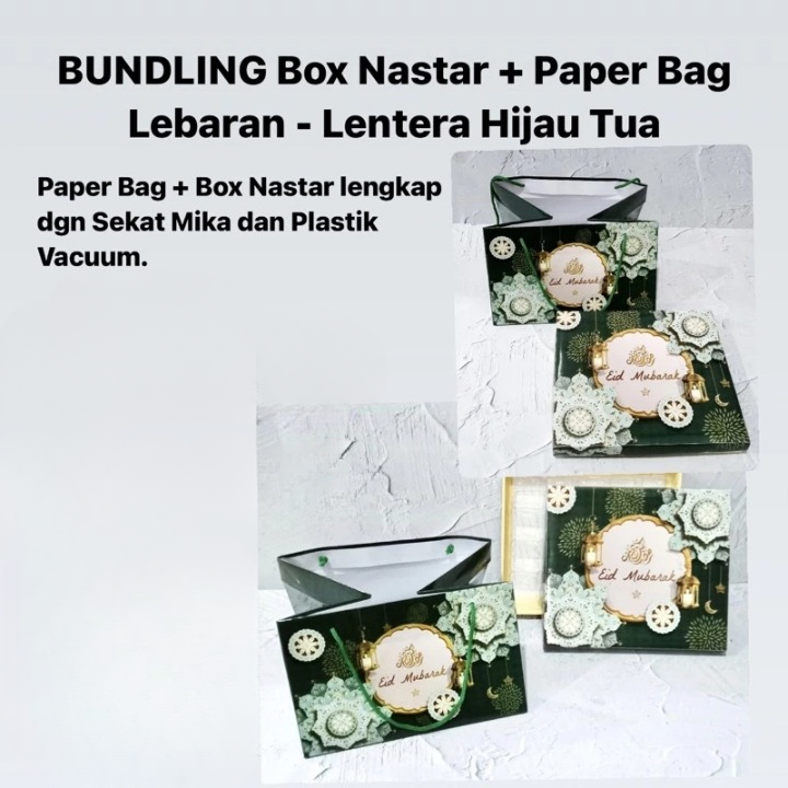 

3 Pcs Bundling Box Nastar Plus Paperbag Lebaran Laminasi Glossy Lentera Hijau Tua Sekat 20