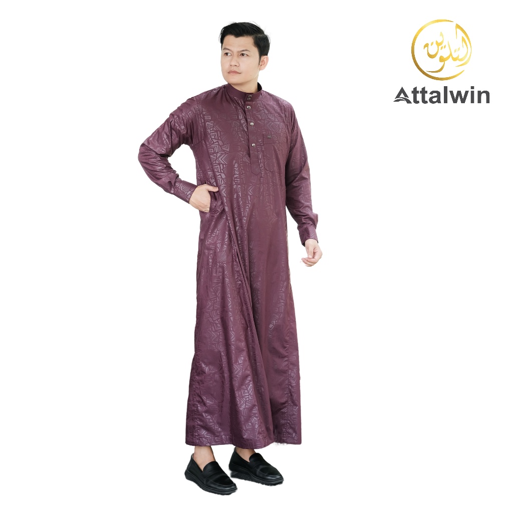 Attalwin - Gamis Jubah Pria Emboss polos Umroh Haji Tangan Manset JE060