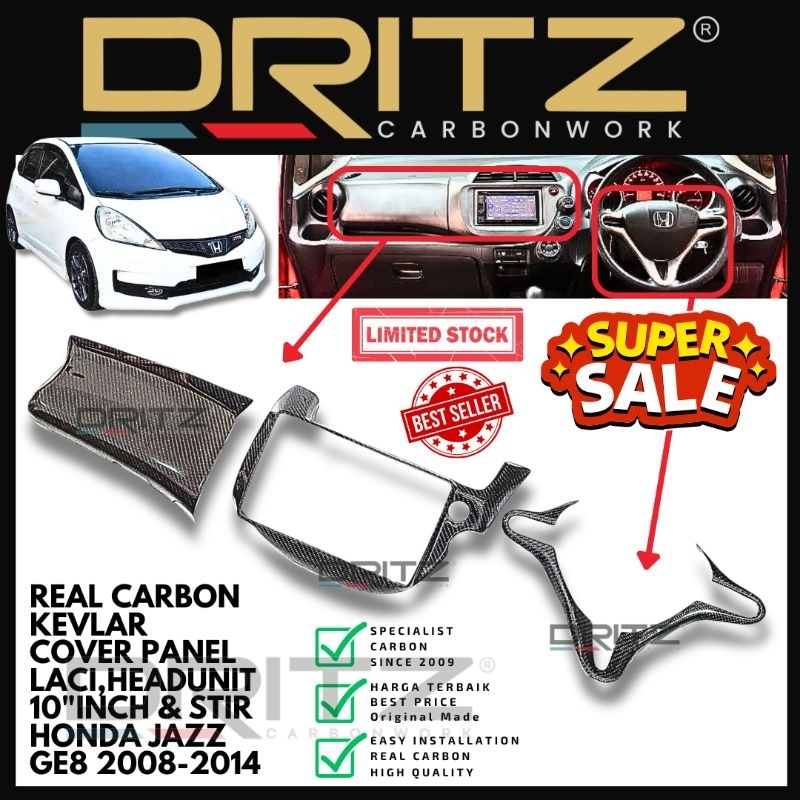 Asli Carbon Kevlar Cover Panel Laci stir & tape 10" inch HONDA JAZZ GE8 2008-2015 interior