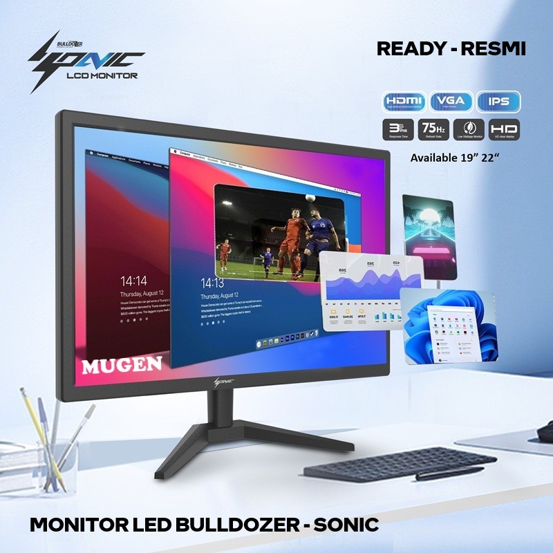 Monitor Bulldozer Sonic 19" 22" VGA HDMI 75Hz PC Komputer