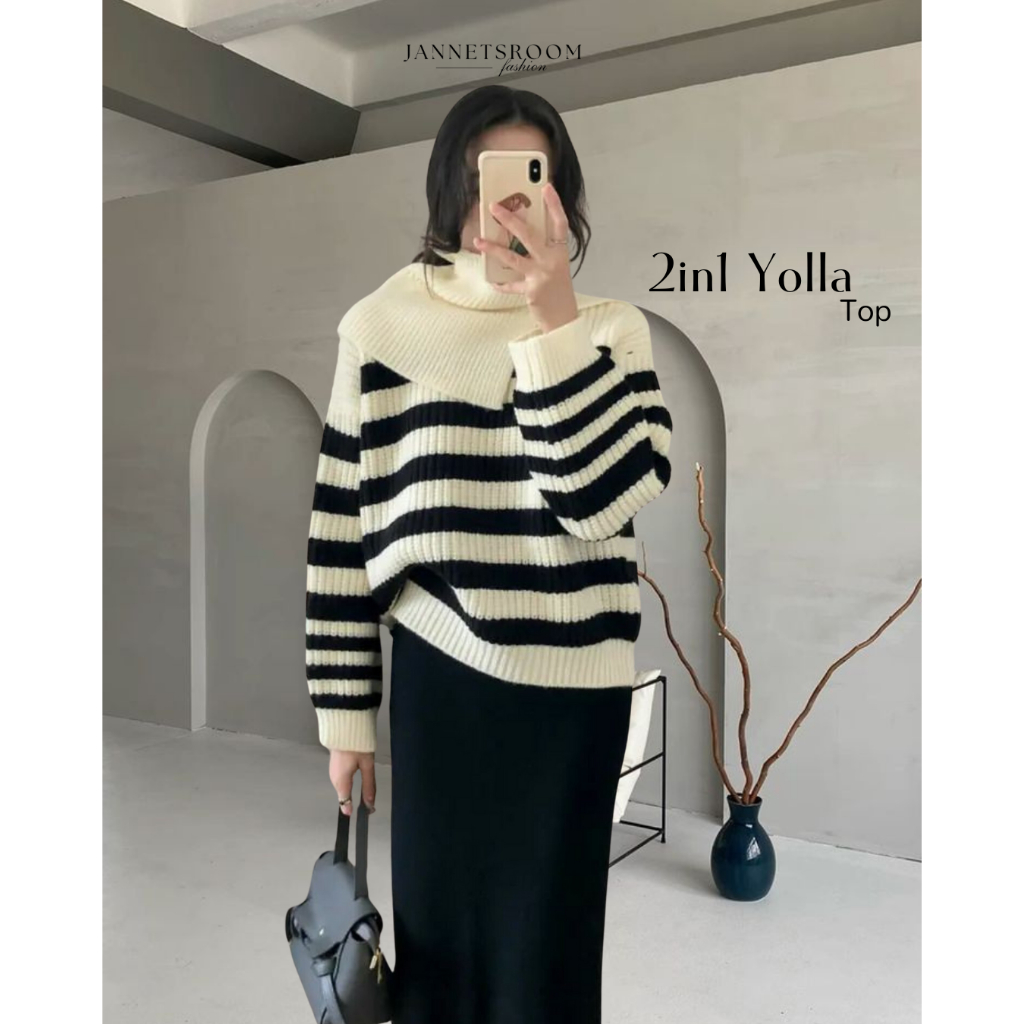 atasan korea wanita rajut turtleneck knitt import oversize jumbo 2in1 YOLLA TOP