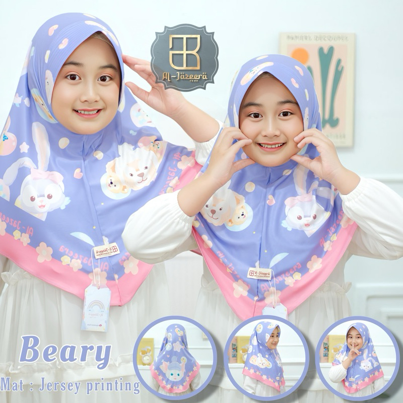HIJAB INSTAN ANAK Al-JAZEERA MOTIF BEARY JERSEY PRINTING ADEM NYAMAN DIPAKAI ORI AL-JAZEERA
