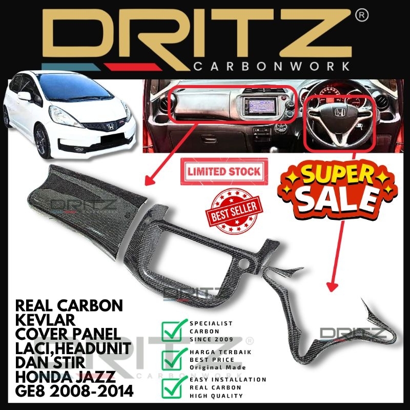 Asli Carbon Kevlar Cover SET PANEL STIR + PANEL TAPE + LACI HONDA JAZZ GE8 Aksesoris Karbon interior