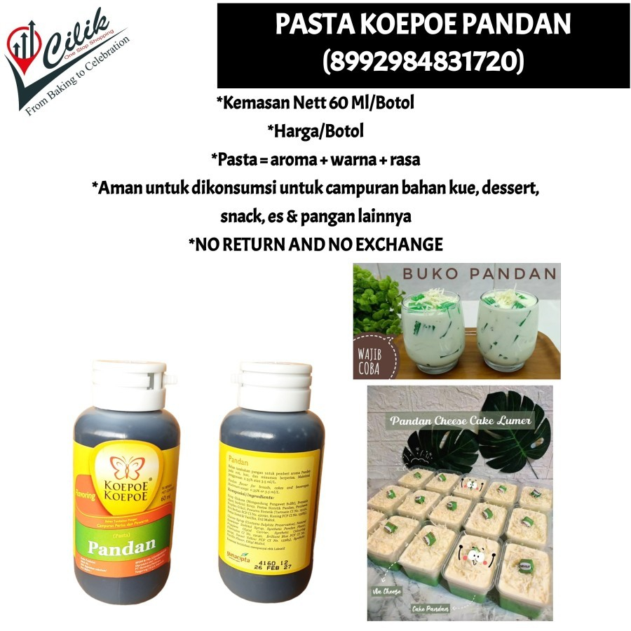 

pasta+perisa+sepuhan+color+cair+water+aroma+rasa+food grade+aman di konsumsi+merk+koepoe+kupu+butterfly+warna+bahan+kue+adonan+roti+donat+makanan+cake+krim+es+ice+minuman+cocopandan+moka+melon+durian+strawberry+nangka+jeruk+vanilla+anggur+pandan+pandan