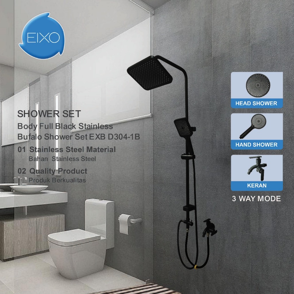 EIXO Big Shower Set Kamar Mandi Stainless Steel Hitam