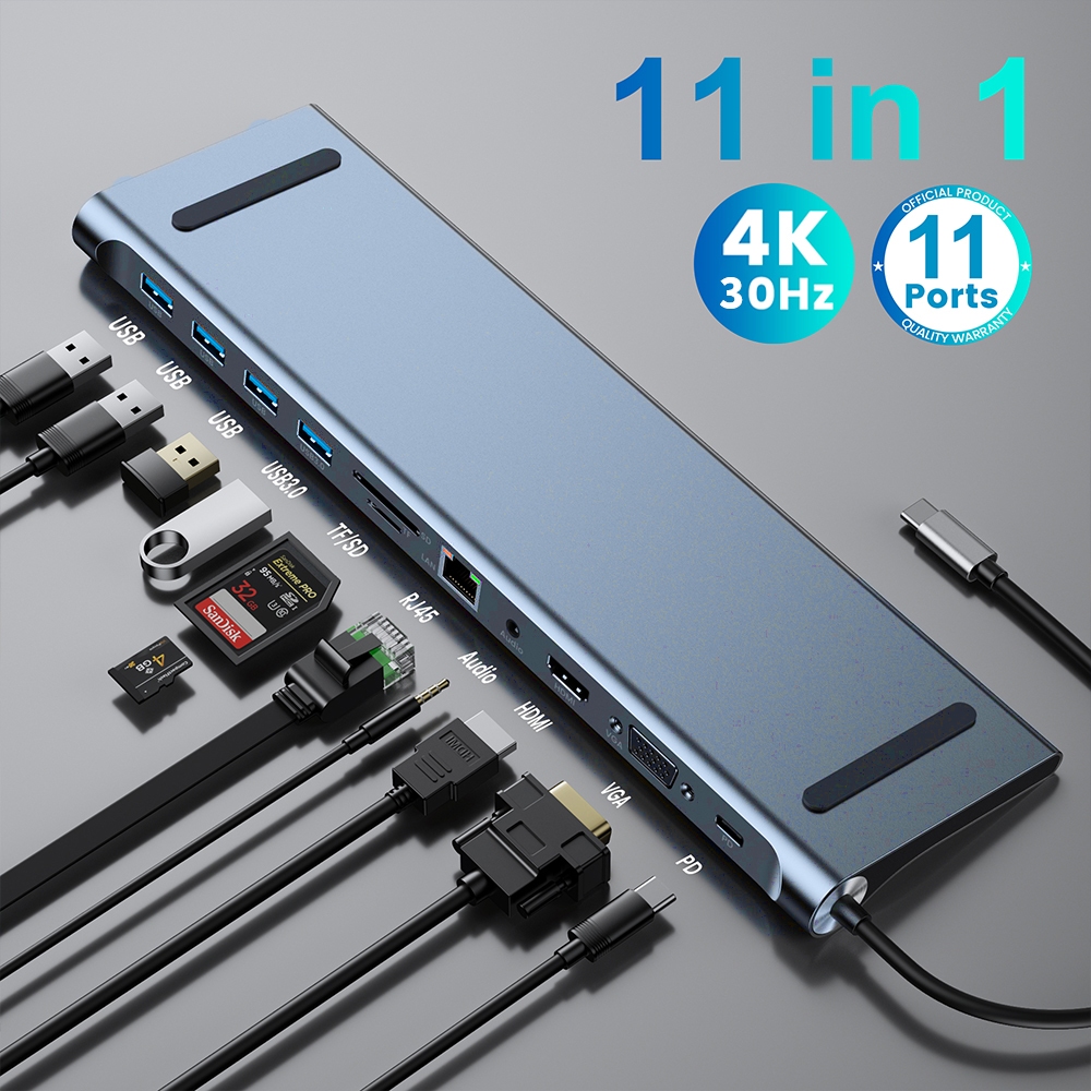 USB Hub Type C Adaptor 11in1 HDMI 4K AUX Card Reader