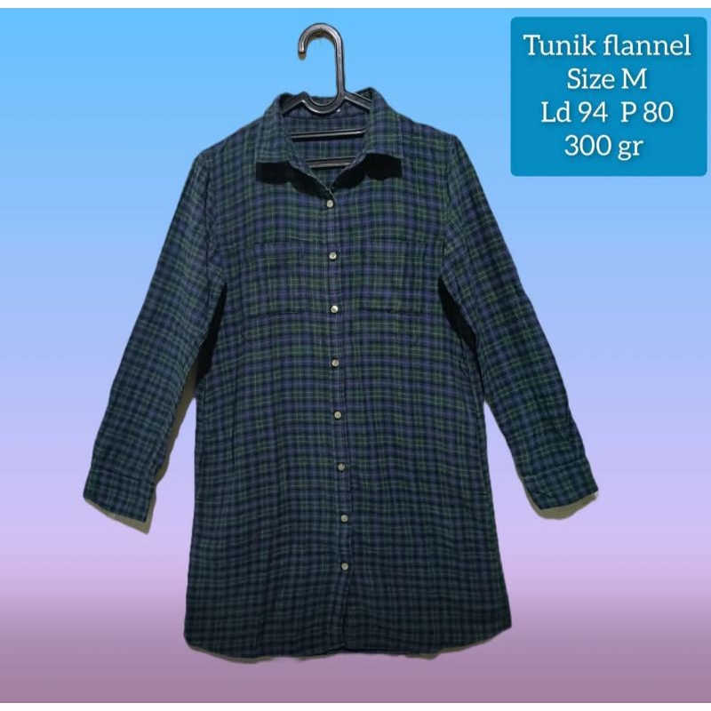 kemeja tunik kotak-kotak biru katun flanel wanita size M