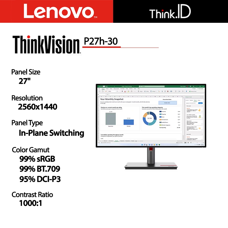 Monitor LED Lenovo ThinkVision P27h-30 27" 2560x1440 IPS 99% sRGB/95% DCI-P3/99% BT.709