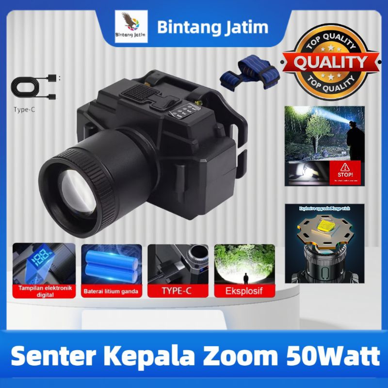 Senter Kepala Zoom Senter Kepala Super Terang 50Watt Teleskop LED Fokus Senter Swat Mini Zoom