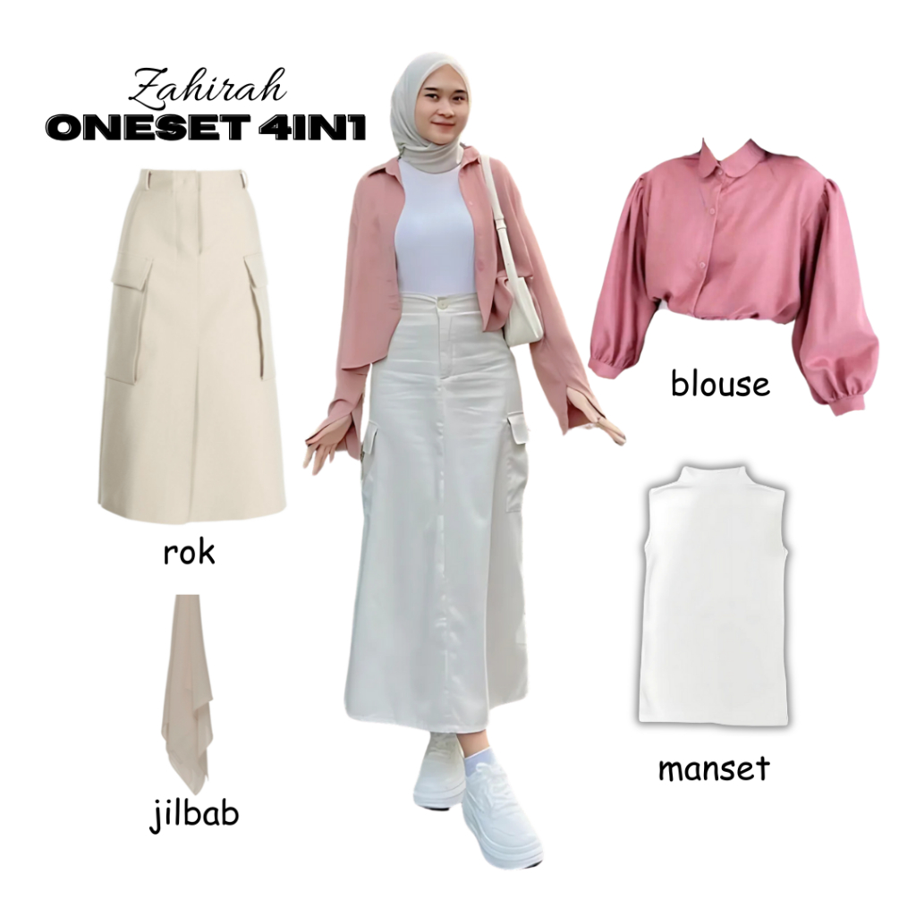 oneset 4in1 Atasan blouse kemeja elze pink manset putih rok cargo cream jilbab bella cream | perempu