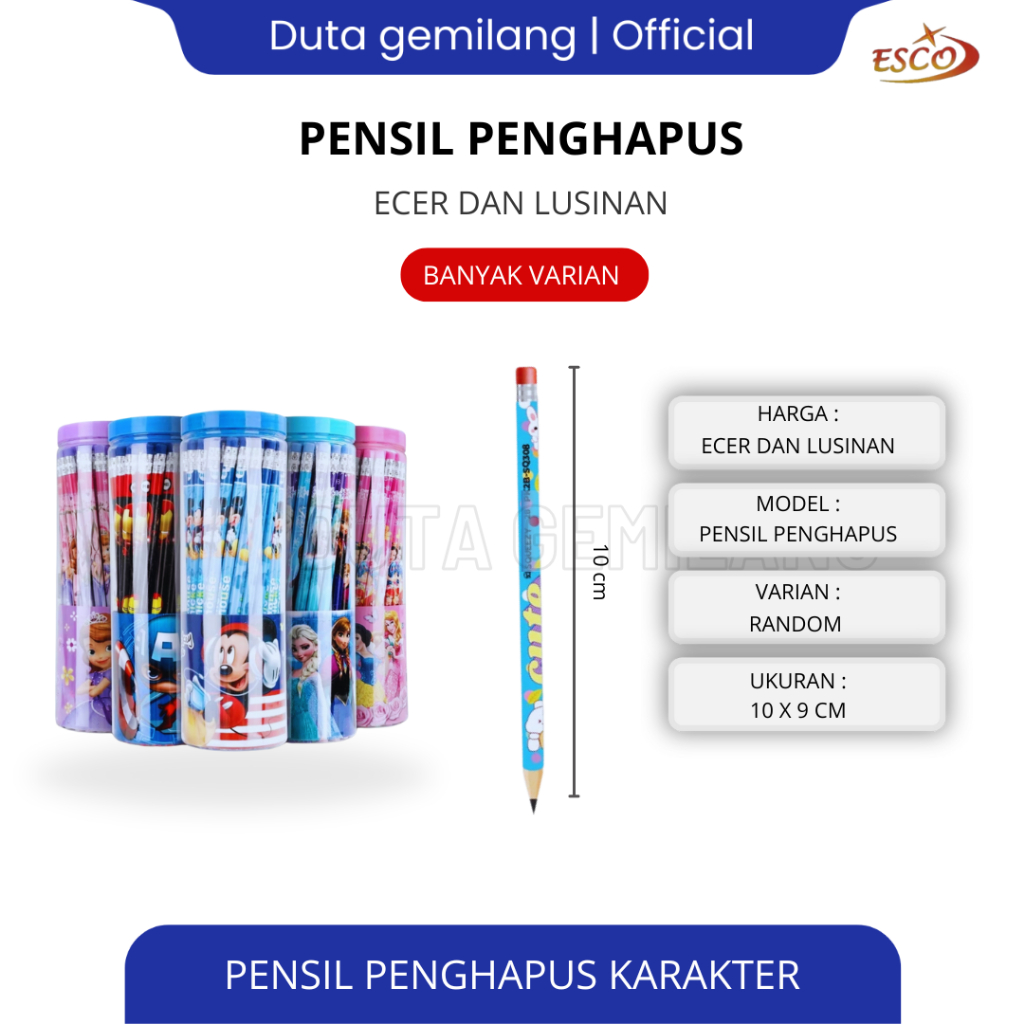 

PENSIL MURAH/PENCIL fancy lucu anak anak / Pensil 2B dengan penghapus / Pensil HB karakter dengan kepala penghapus / Cod / Duta Gemilang