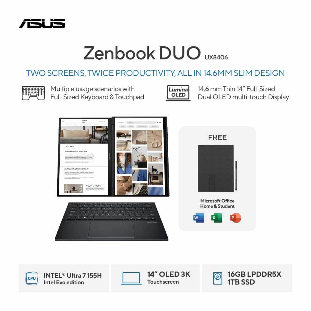 Asus Zenbook Duo ux8406 Ultra 7 155H 16GB 1TB SSD W11+ OHS Dual Screen