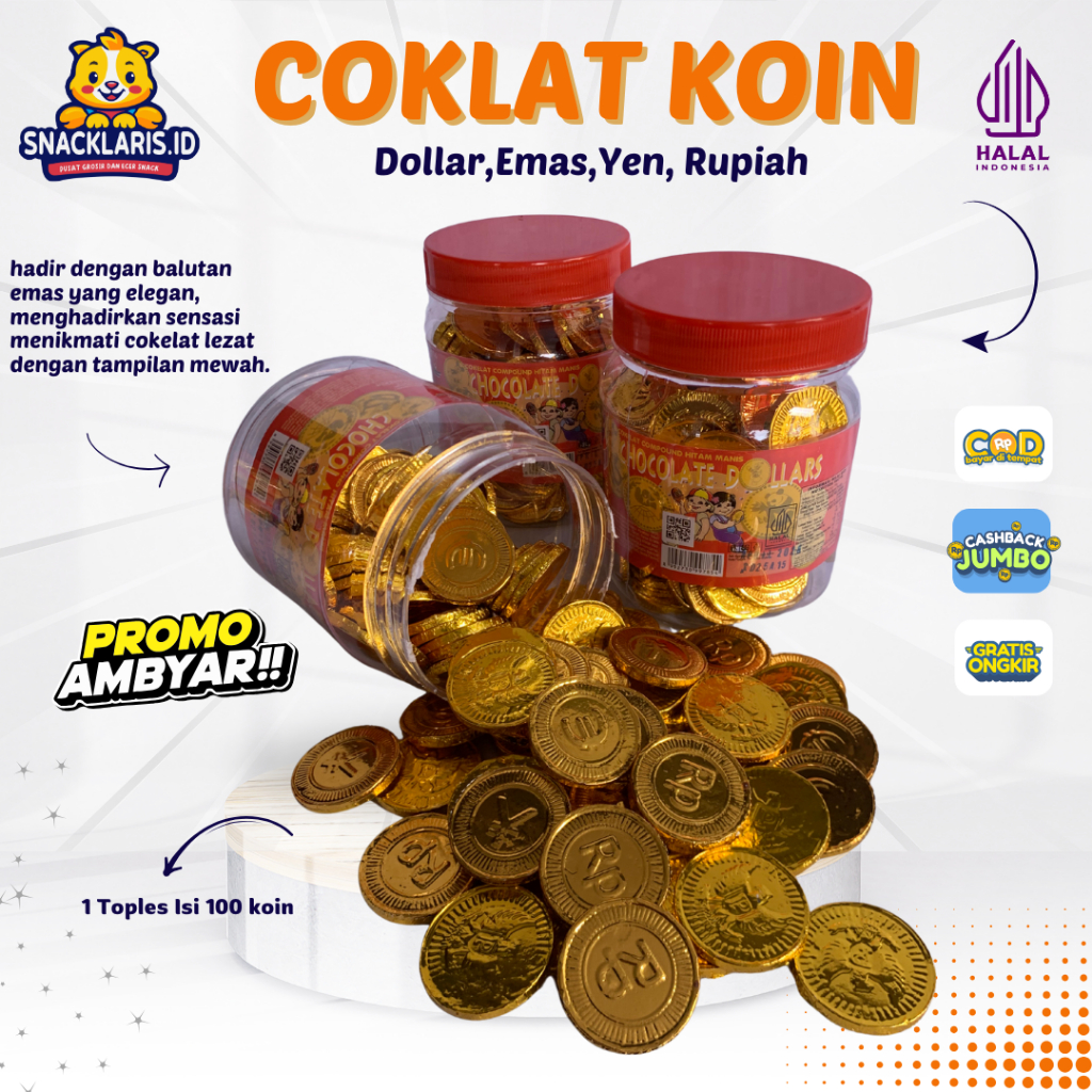 

PUSAN COKLAT KOIN EMAS GOLD TOPLES ISI 100pcs (DOLLAR, RUPIAH, YEN MATA UANG)