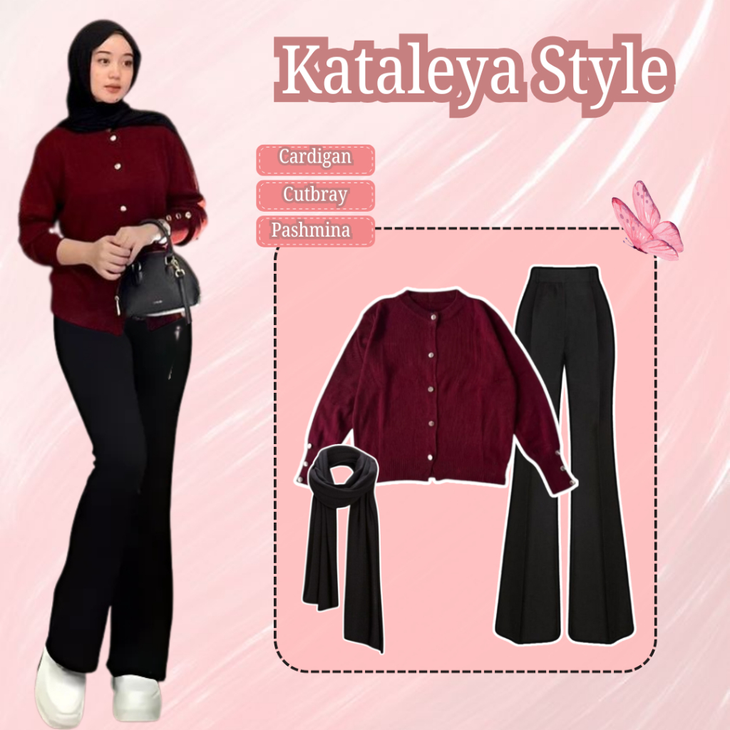 One Set Kataleya { Cardigan + Celana Cutbray + Pashmina } Set Fashion Wanita HIjab Kekinian Korean.
