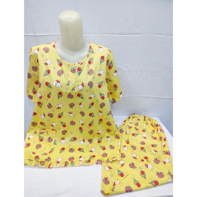 Yumico 100% Katun Setelan Babydoll Tangan Pendek-Celana 3/4 BY YUMICO