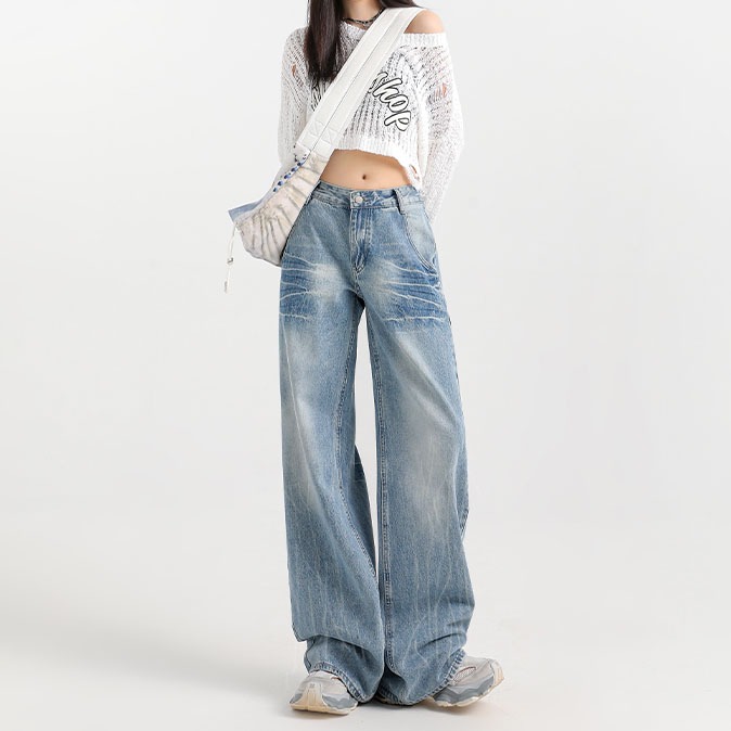 Tekstur Petir/Lipatan celana jeans wanita jumbo celana baggy pants wanita celana panjang wanita dewa