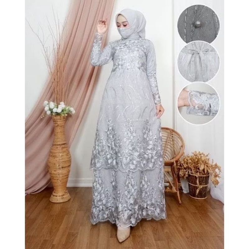 DAVINA - DRESS BAJU GAMIS GAUN BRUKAT REMAJA DEWASA FULL BRUKAT TILE MUTIARA  BUSUI JUMBO WARNA ABU 