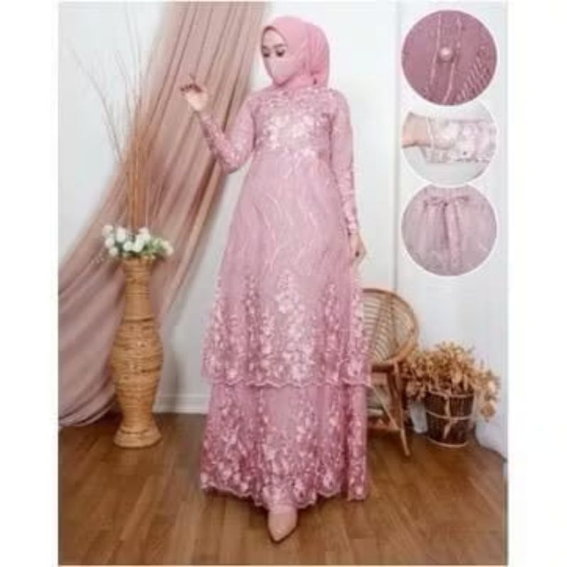 DAVINA - DRESS BAJU GAMIS GAUN BRUKAT REMAJA DEWASA FULL BRUKAT TILE MUTIARA  BUSUI JUMBO WARNA DUST