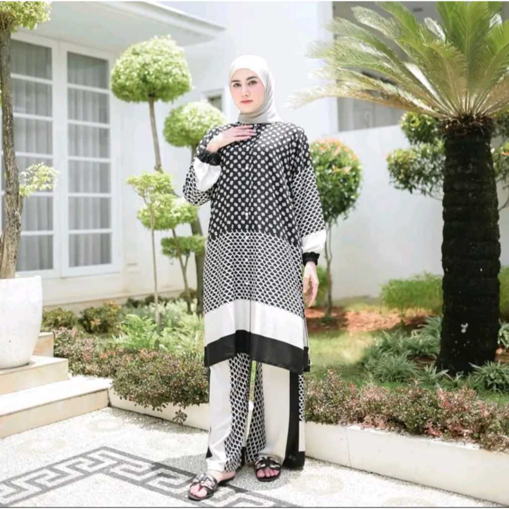 Twins Family - Raya Set Tunik Kulot Rayon Motif Wanita Muslim Baju Setelan Lebaran Gamis Celana Panj