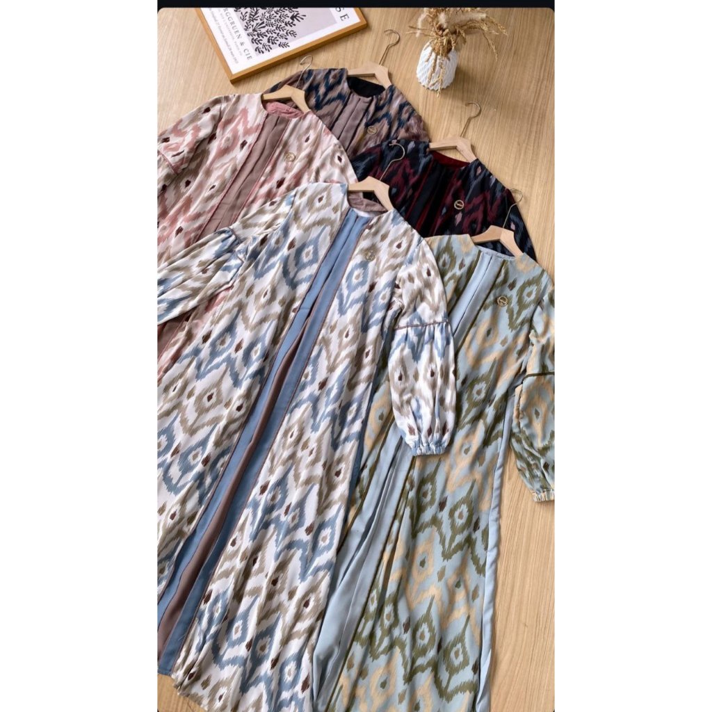 Delisha Gamis Wanita Ceruty Babydoll Mix Cringkel Baju Kondangan Dress Raya Motif Etnik Terbaru