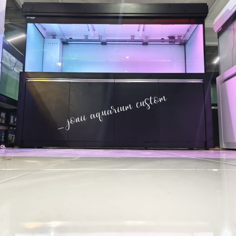 aquarium kabinet 200x70x70 alas 15mm keliling 12mm sistem sump filter miring wet dry dan backwash sn