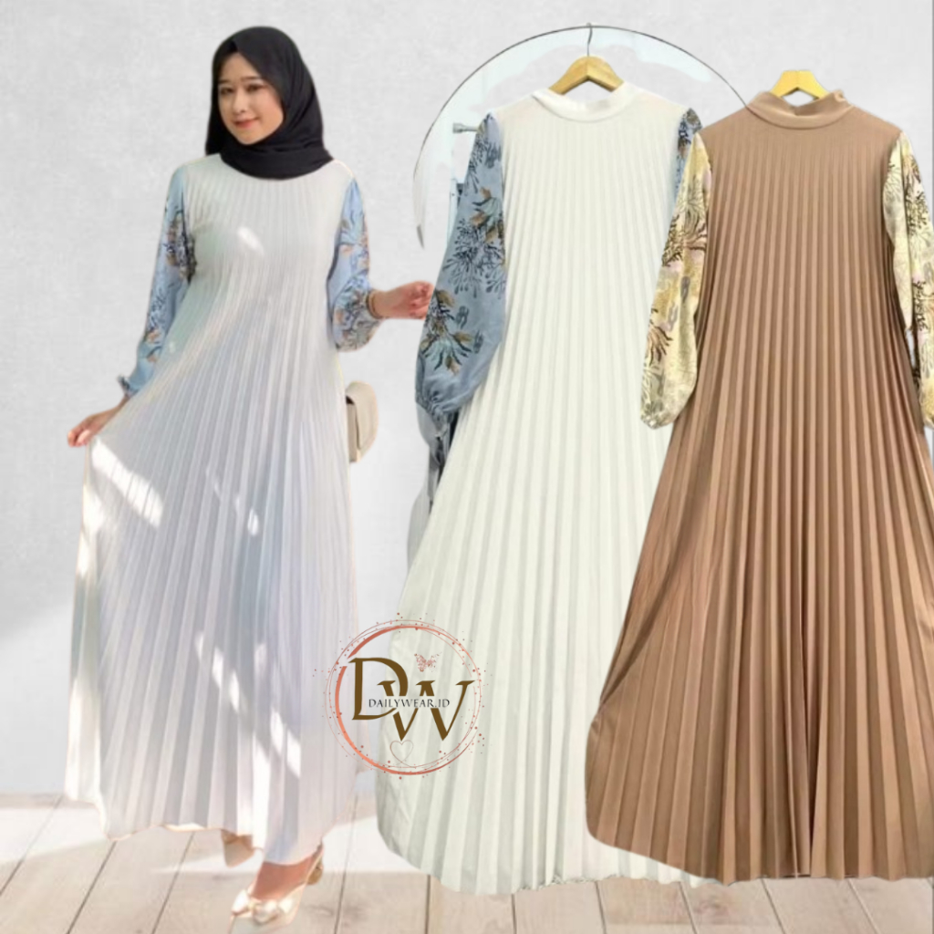 Gamis Plisket Motif Bunga Lengan Panjang Premium Wanita - Long Dress Wanita Maxi Plisket Kekinian