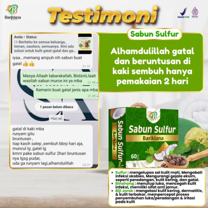 Sabun sulfur Herbal Bariklana Solusi gatal, Eksim, Panu