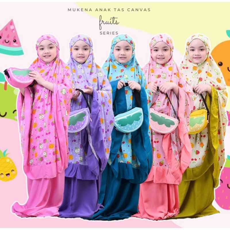 mukenah anak motif buah/fruit tanggung usia 9-13tahun bonus tas lucu