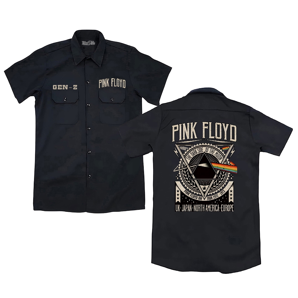 Dhoskie  Worktshirt Pink Floyd Vintage  | Kemeja  Lengan Pendek  Unisex | PDH Kerja Hitam